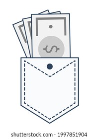 Vector illustration, icon, a bundle of money in your pocket.