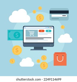 Ilustración vectorial de la compra y venta de iconos en Internet, ganancias en Internet, tienda online.