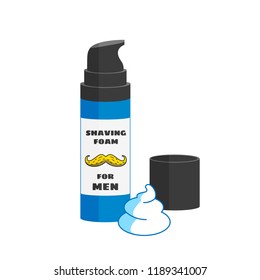 Vector illustration icon. Can of shaving foam with a blue tube and black cap and pump. White background. Flat style