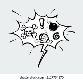 Vektorgrafik-Symbol einer Cartoon-Blase mit Scull and Bone, Bombe, Faust-Aufprallfläche, Symbole für Spiral- und Ausrufezeichen. Alle Elemente auf genau definierten Schichten und Gruppen.