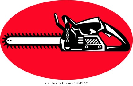 vector illustration or icon of a chainsaw side view set inside an oval or ellipse