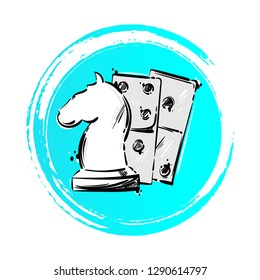 Vector illustration of a icon with a chess horse and dominoes. Game icon, casino, chess, domino, board games, fortune.