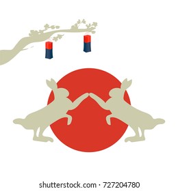 Vector illustration or icon for Chuseok, literally Autumn eve, known also as hangawi or Korean Middle Autumn or Fall Harvest Festival. Moon Rabbits or Hares and traditional korean lantern.