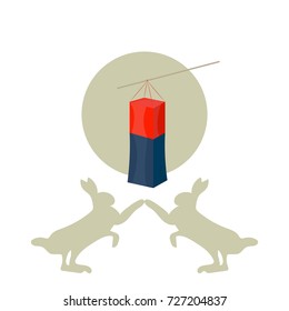Vector illustration or icon for Chuseok, literally Autumn eve, known also as hangawi or Korean Middle Autumn or Fall Harvest Festival. Moon Rabbits or Hares and traditional Korean lantern.