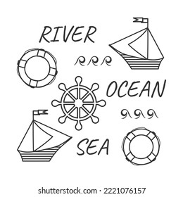 Ilustración vectorial. Colección de iconos. Mar, océano, río.