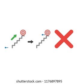 Vector illustration icon concept of bulls eye on top of stairs and dart miss the target with x mark.