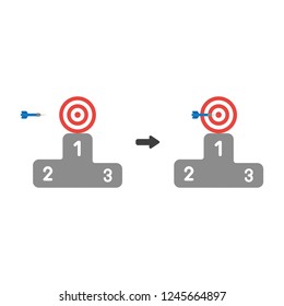 Vector illustration icon concept of bulls eye with dart in the center on first place of winners podium.
