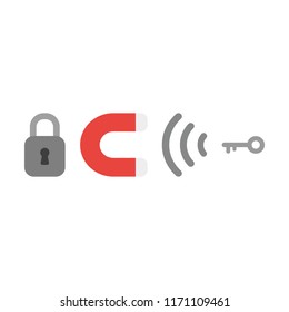 Vector illustration icon concept of closed padlock with magnet attracting key to unlock.