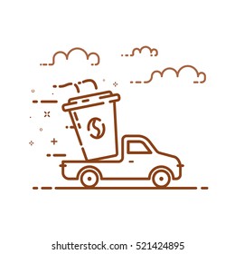 Vector illustration of icon concept coffee delivery service in line style. Linear motion brown truck with cup of flavor coffee. Outline graphic idea use in Web Project and Applications.