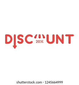 Vector illustration icon concept of discount word with arrow moving down and percent 20 under shop store roof.