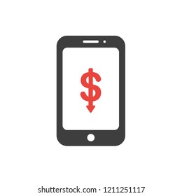 Vector illustration icon concept of dollar symbol arrow moving down inside smartphone.