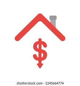 Vector illustration icon concept of dollar symbol arrow moving down under house roof.