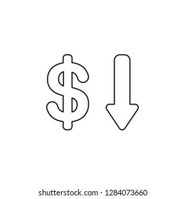 Vector illustration icon concept of dollar with arrow moving down. Black outlines.