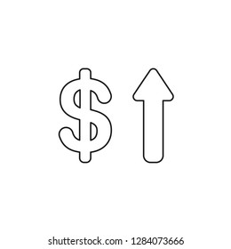 Vector illustration icon concept of dollar with arrow moving up. Black outlines.