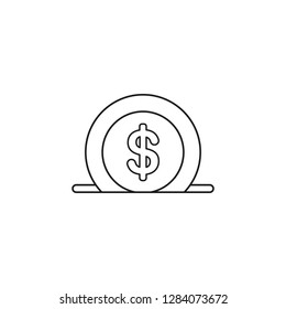 Vector illustration icon concept of dollar coin into moneybox hole. Black outlines.