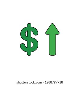 Vector illustration icon concept of dollar with arrow moving up. Colored and black outlines.