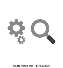 Vector illustration icon concept of gears with magnifying glass.