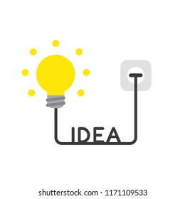 Vector illustration icon concept of glowing light bulb with idea cable abd plug plugged into outlet.
