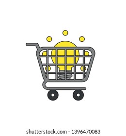 Vector illustration icon concept of glowing light bulb inside shopping cart. Black outlines and colored.