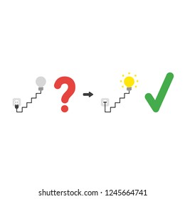 Vector illustration icon concept of grey light bulb with stairs cable and plugged into outlet and glowing with check mark.