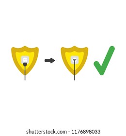 Vector illustration icon concept of guard shield with outlet and plug plugged into outlet with check mark.