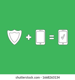 Vector illustration icon concept of guard shield protech smartphone. Black outlines, green background.