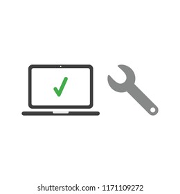 Vector illustration icon concept of laptop computer with check mark and spanner.