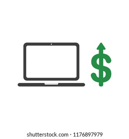 Vector illustration icon concept of laptop computer with dollar money arrow moving up.