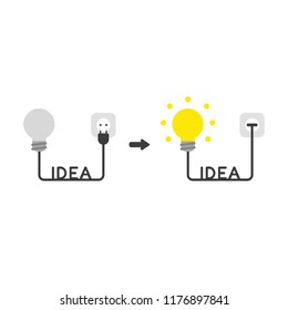 Vector illustration icon concept of light bulb with idea word cable and plugged into outlet and glowing.