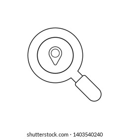 Vector illustration icon concept of magnifier with map pointer. Black outlines.