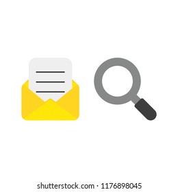 Vector illustration icon concept of mail envelope and written paper with magnifying glass.