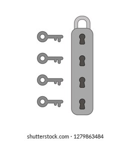 Vector illustration icon concept of padlock with four keyholes and keys. Colored and color outlines.