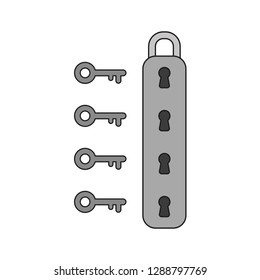 Vector illustration icon concept of padlock with four keyholes and keys. Colored and black outlines.