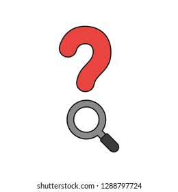 Vector illustration icon concept of question mark with magnifying glass. Colored and black outlines.