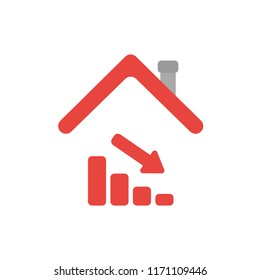 Vector illustration icon concept of sales bar graph moving down under house roof.