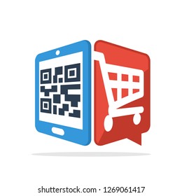 Vector illustration icon with the concept of scanning QR code with a smartphone to access information about shopping