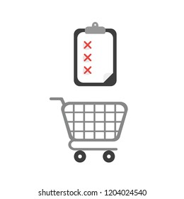 Vector illustration icon concept of shopping cart with clipboard and x marks.