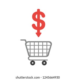 Vector illustration icon concept of shopping cart with dollar symbol arrow moving down.