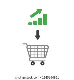 Vector illustration icon concept of shopping cart with bar graph moving up.