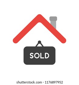 Vector illustration icon concept of sold hanging sign under house roof.