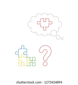 Vector illustration icon concept of three parts connected puzzle, question mark and missing puzzle piece. Color outlines. 