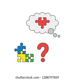 Vector illustration icon concept of three parts connected puzzle, question mark and missing puzzle piece. Colored and black outlines.