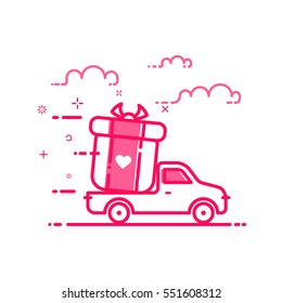 Vector illustration of icon concept valentines day in flat bold line style. Graphic design pink motion truck with gift or bounty. Outline delivery service object