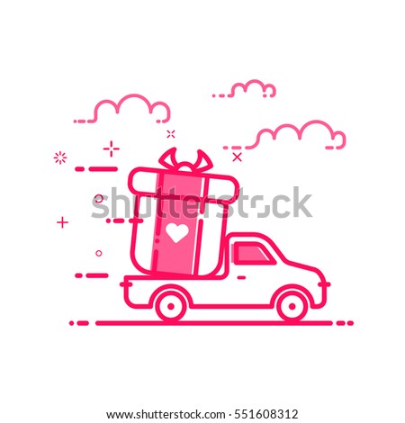 Vector illustration of icon concept valentines day in flat bold line style. Graphic design pink motion truck with gift or bounty. Outline delivery service object