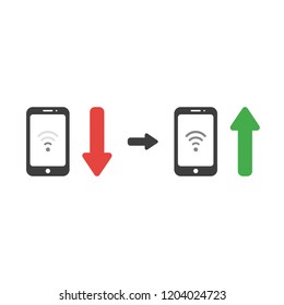 Vector illustration icon concept of wireless wifi symbol inside smartphone with arrow moving down and up.
