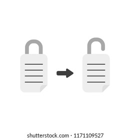 Vector illustration icon concept of written paper padlocks, closed and opened.