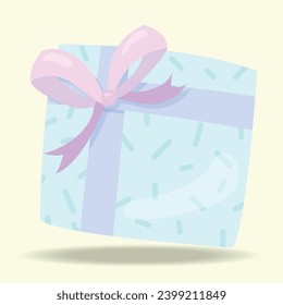 Vector illustration Icon Cute Blue Gift Box Birthday Celebration Surprise Christmas and Happy New Year on Yellow Background.