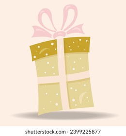 Vector illustration Icon Cute Gold Gift Box Birthday Celebration Surprise Christmas and Happy New Year on Pink Background.