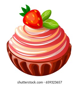 Vector illustration, icon decorative cake, cupcake with strawberries and leaves mint isolated on a white background. Print, template, design element