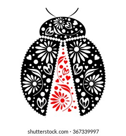 Vector illustration. Icon of decorative ornamental black ladybug, isolated over white background